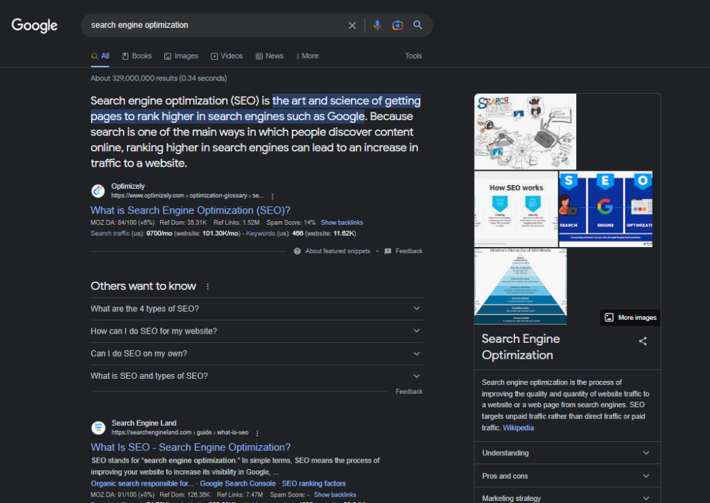 Screenshot of SERP including the Google Knowledge Panel